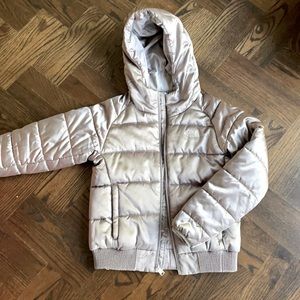 North Face girls shiny silver jacket